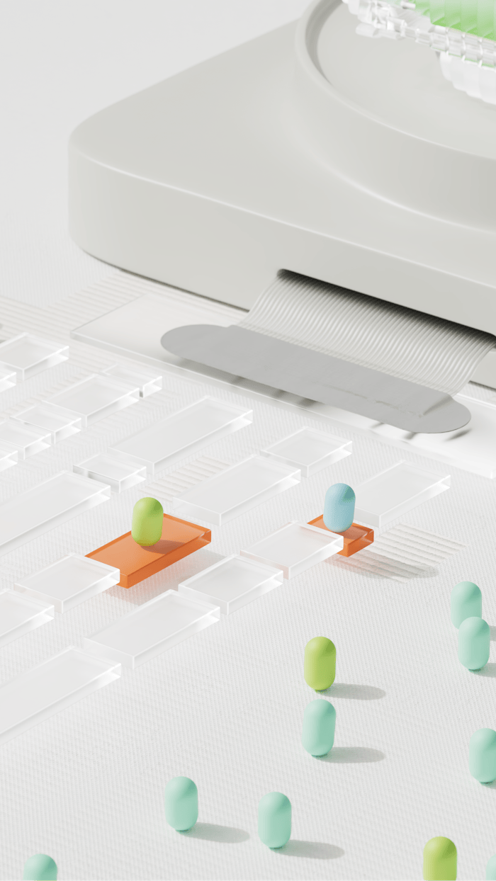 Abstract representation of AI ethics with pills on a clear pathway, symbolizing data sorting.