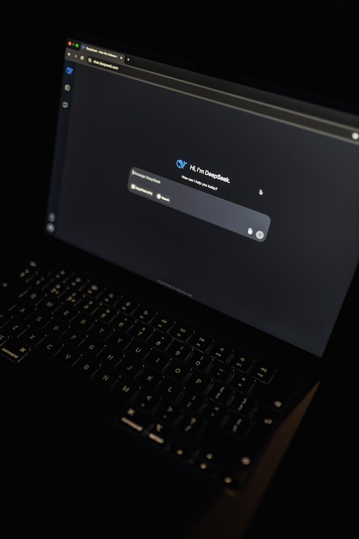 A dark-themed laptop screen displaying the DeepSeek AI interface, highlighting modern technology.