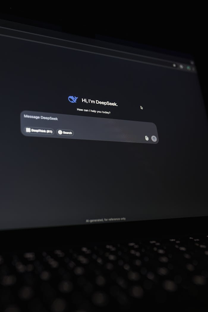 A close-up view of the DeepSeek AI chat interface displayed on a laptop screen in dark mode.
